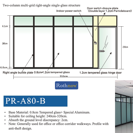 Rothnow 83 series glass office partition in white, 1000mm wide by 1000mm high, modern office divider with clear glass panels.