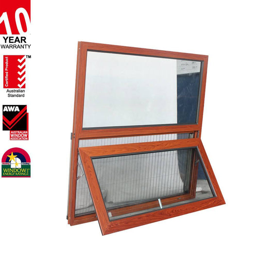Rothnow® Aluminum Window 50 Series Awning Window with wood grain finish, 1000mm W x 1000mm H, black frame, modern residential design