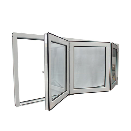 Rothnow® Aluminum 75 Series folding window with black frame and single glass, 1000mm wide by 1000mm high, opened to show folding design.