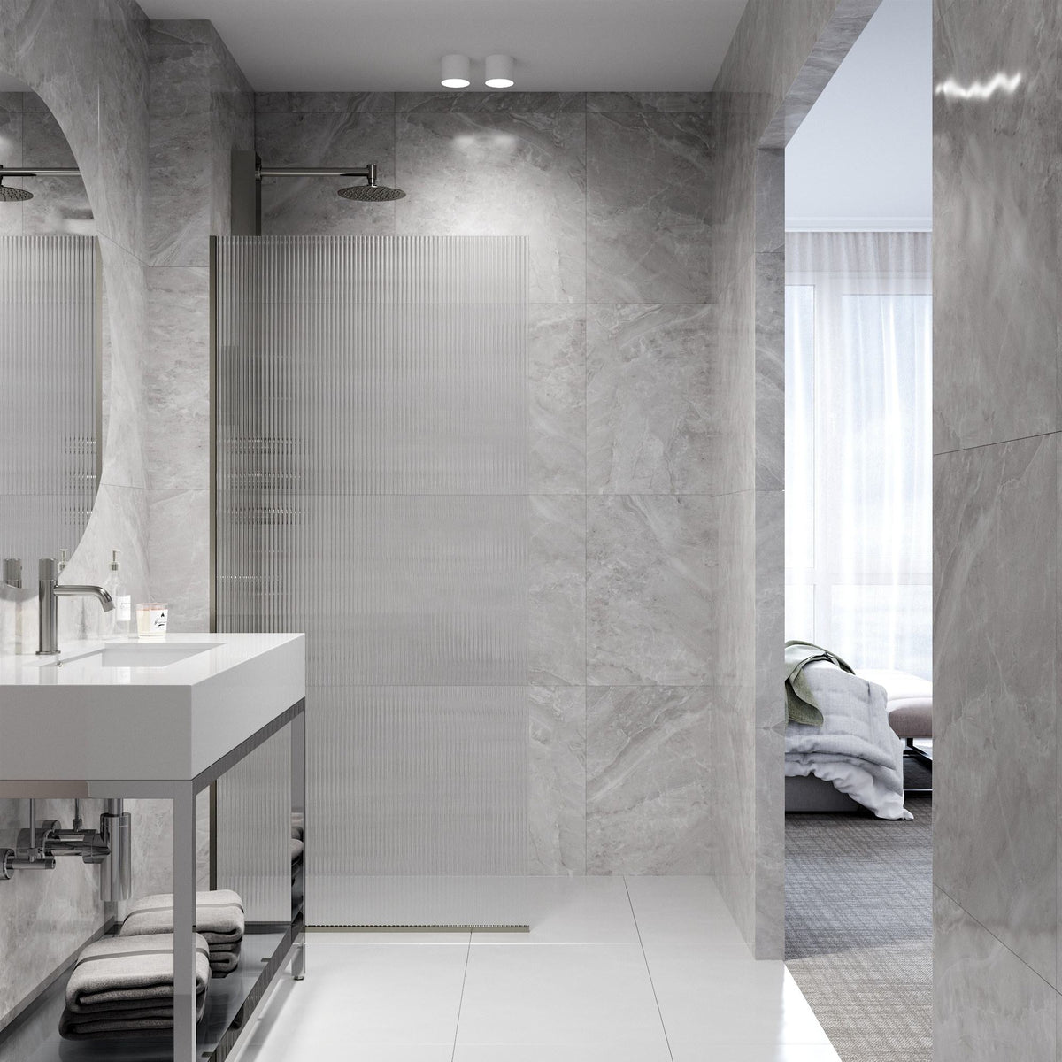 Rothnow® fixed shower door with waved glass and grey profile, 800mm wide and 2200mm high, modern shower panel for bathrooms.
