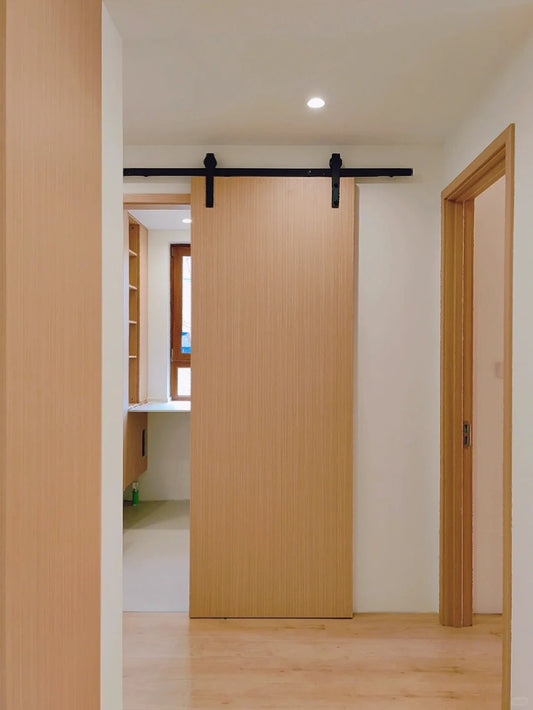Rothnow® aluminum wooden sliding barn door in brown with wood grain finish, 800mm wide by 2100mm high, wall thickness 150mm.