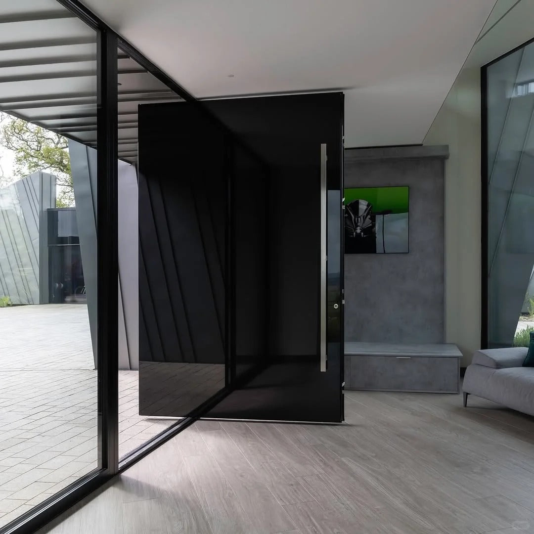 Rothnow stainless steel front door with brown finish, pivot design, 800mm width and 2100mm height, wall thickness 150mm.