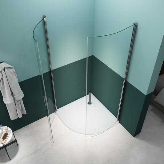 Rothnow® hinged double curved shower door in black, 900x900mm, part of a modern shower panel system.