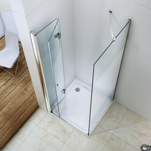 Rothnow black folding and fixed shower door panel, 900mm wide and 2200mm high, with two folding panels and one fixed panel.