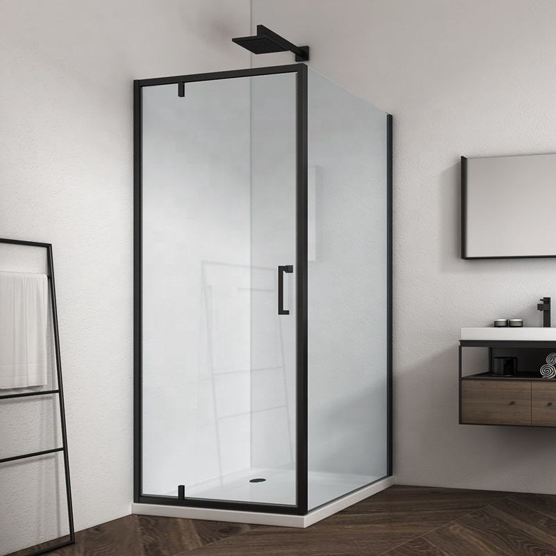 Rothnow® framed glass pivot shower door, 900mm width, black finish, part of a sleek shower panel for modern bathrooms.