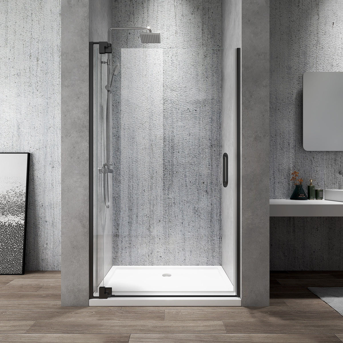 Rothnow® black frameless pivot shower door for shower panel, 900mm width, 2200mm height, sleek and modern design.