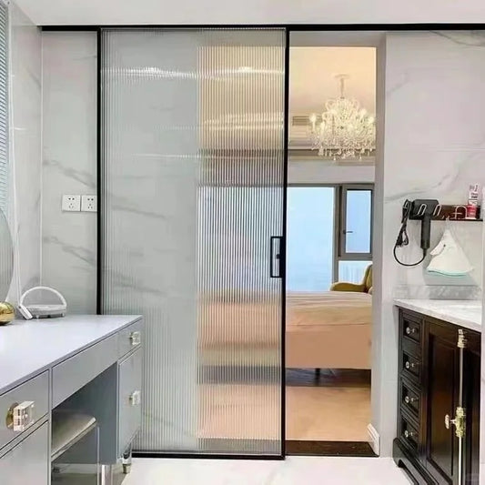 Rothnow Waved Glass Aluminum Barn Door, 16x45 Series, white frame, clear glass, American style, slim design for interior entry.