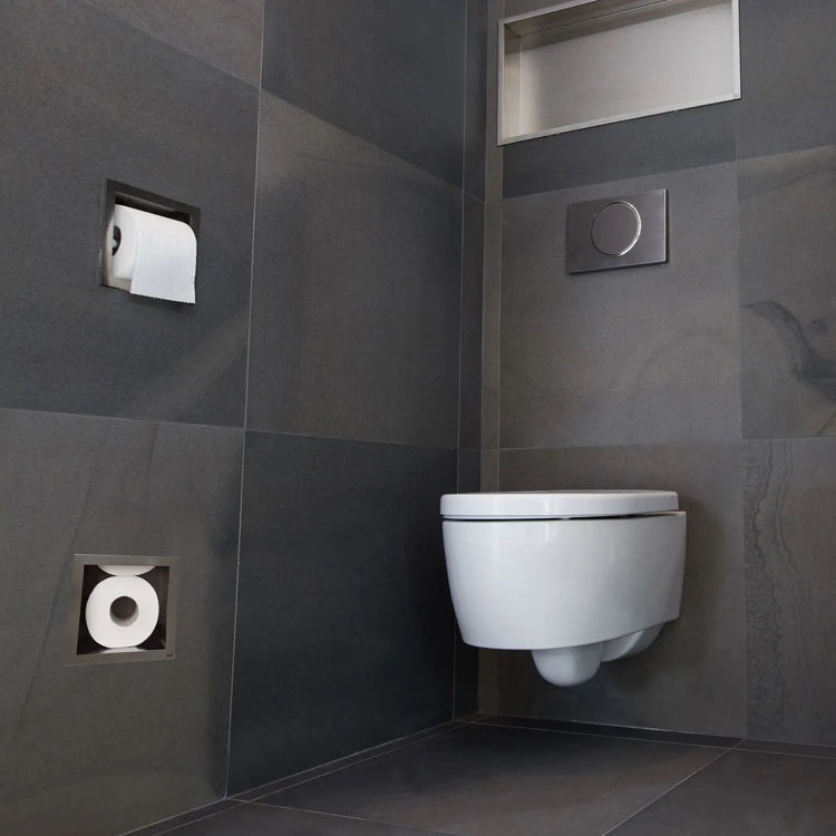 Black Rothnow® square shower niche with built-in toilet paper holder, wall-mounted bathroom storage and organization.