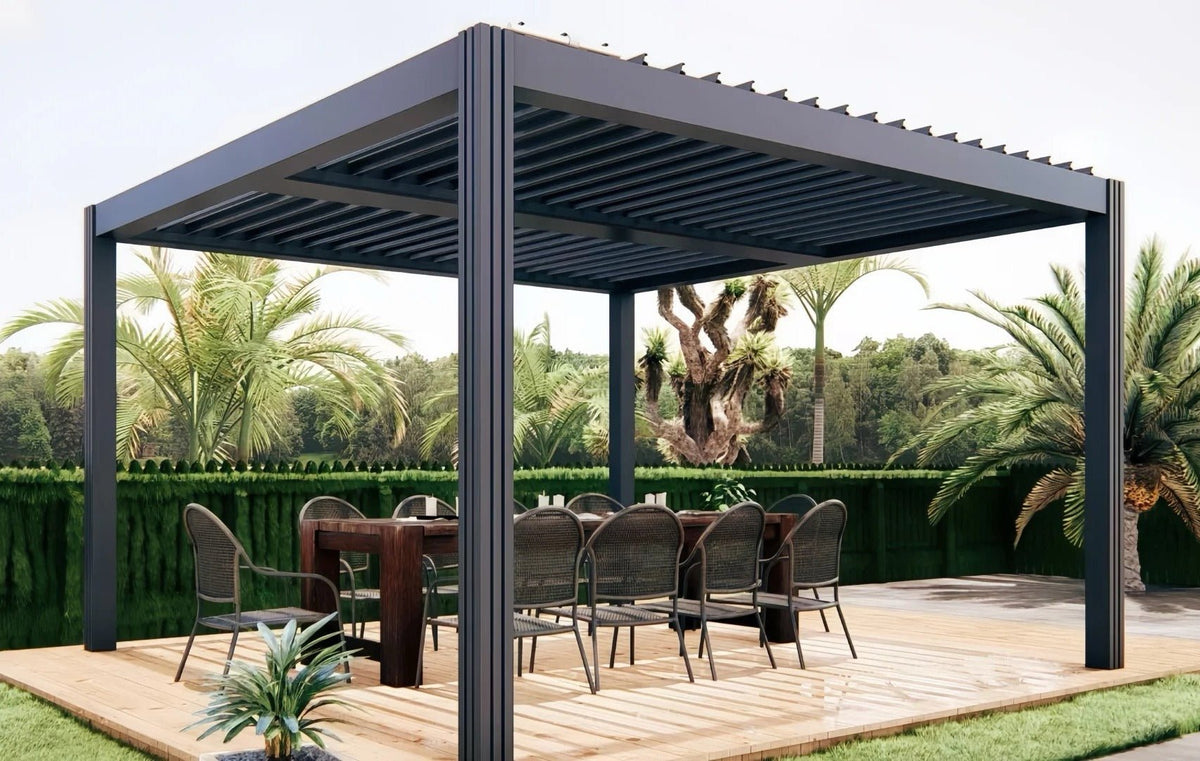 Black Rothnow aluminum pergola with customizable size, featuring a sleek design and durable alloy climate-resistant construction.