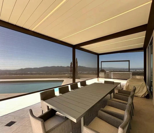 Black Rothnow aluminum pergola with custom size, ceiling-mounted climate-resistant alloy for outdoor shading and shelter.