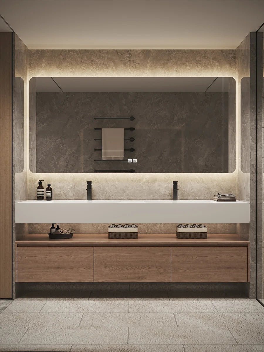 Rothnow double basin bathroom vanity with black finish and custom size, featuring a modern design and sturdy护栏 for added support.