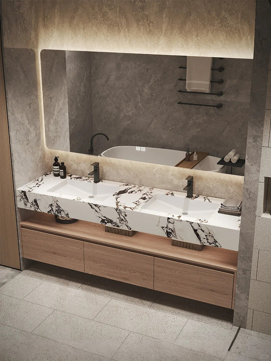 Rothnow® double basin bathroom vanity in black with a customized size and sleek modern design.