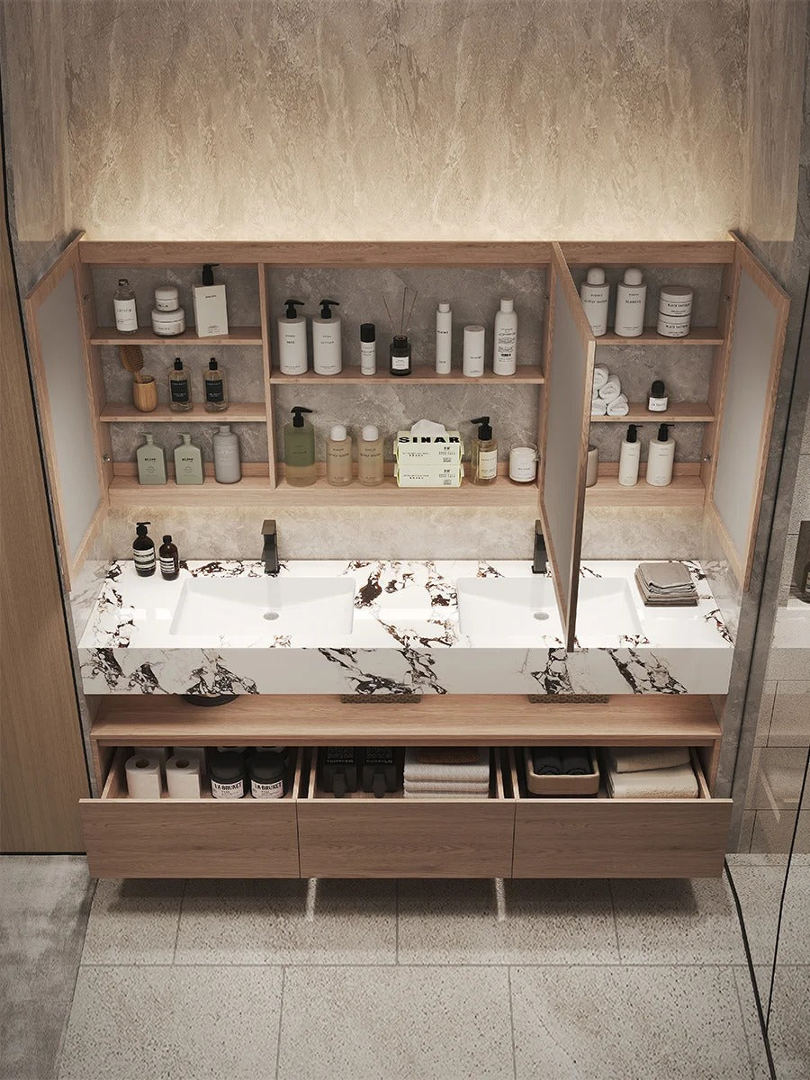 Rothnow double basin bathroom vanity with black finish and custom size, featuring two sinks and modern design.