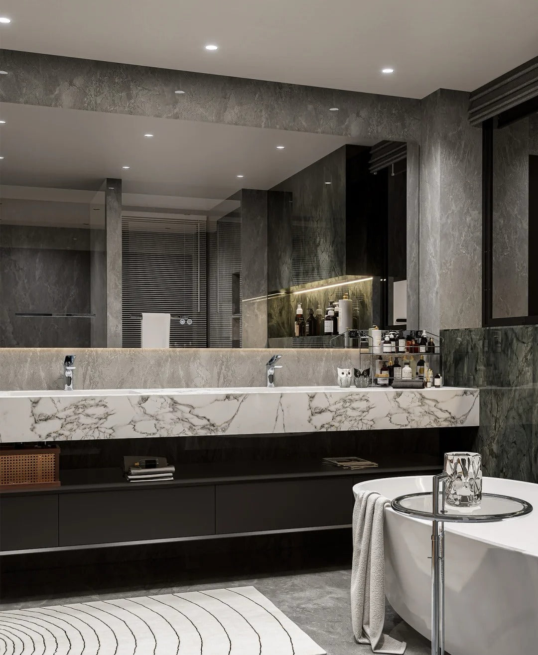 Rothnow® black double basin bathroom vanity with customized size and modern design, featuring sleek cabinetry and spacious countertops.