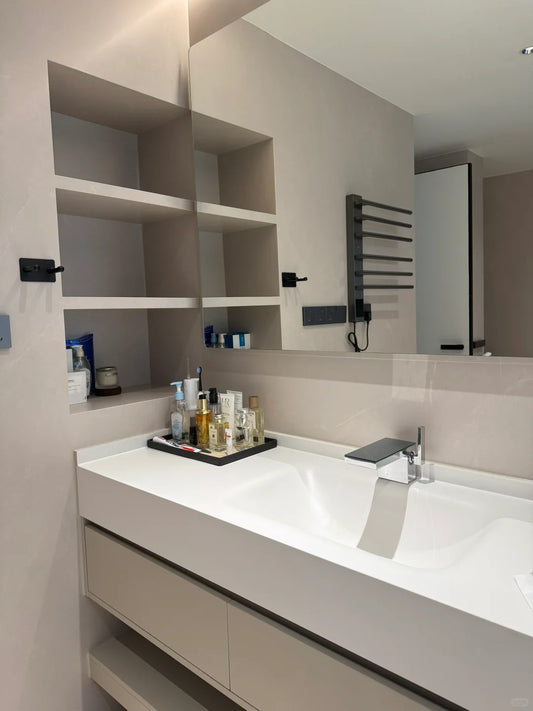 Black Rothnow® bathroom vanity with custom size and护栏, modern design, shown in a sleek, minimalist bathroom setting.