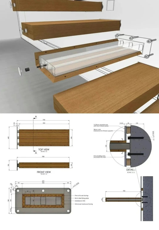 Rothnow® floating staircase RNFS02 with black wood treads, modern design, installed in a contemporary home interior.