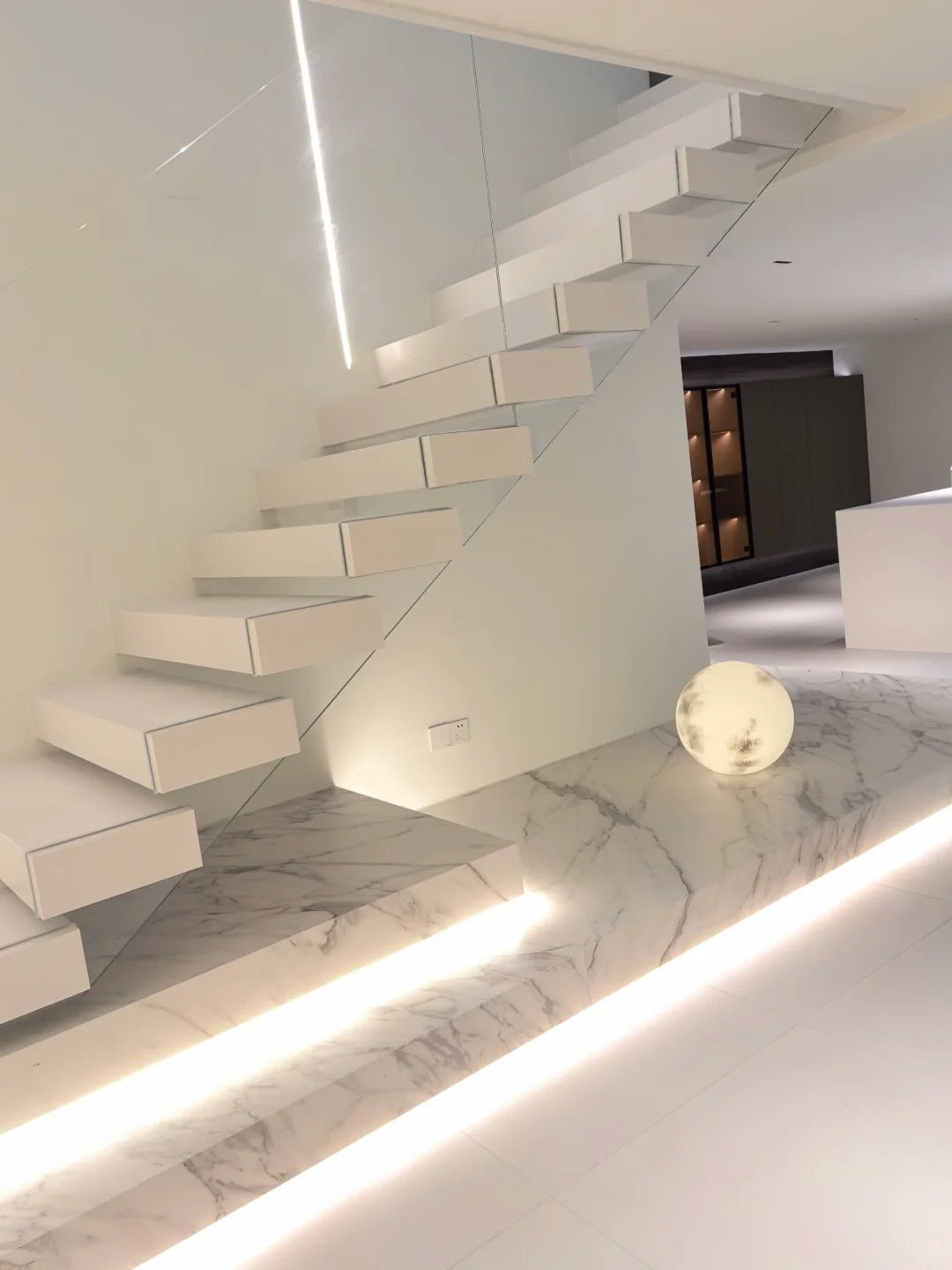 Rothnow® Floating Staircase RNFS05 in black with stone steps, modern design, custom size, installed as a stylish interior staircase.
