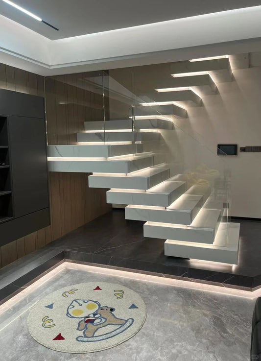 Rothnow® Stone Floating Staircase RNFS06 with black finish, showcasing modern, minimalist stairs with sleek design and sturdy construction.