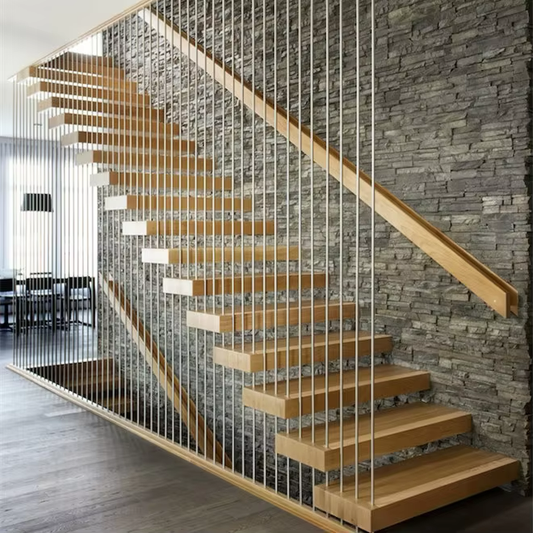 Rothnow Floating Staircase RNFS08 with black cable railing, modern custom-designed staircase for contemporary interiors.