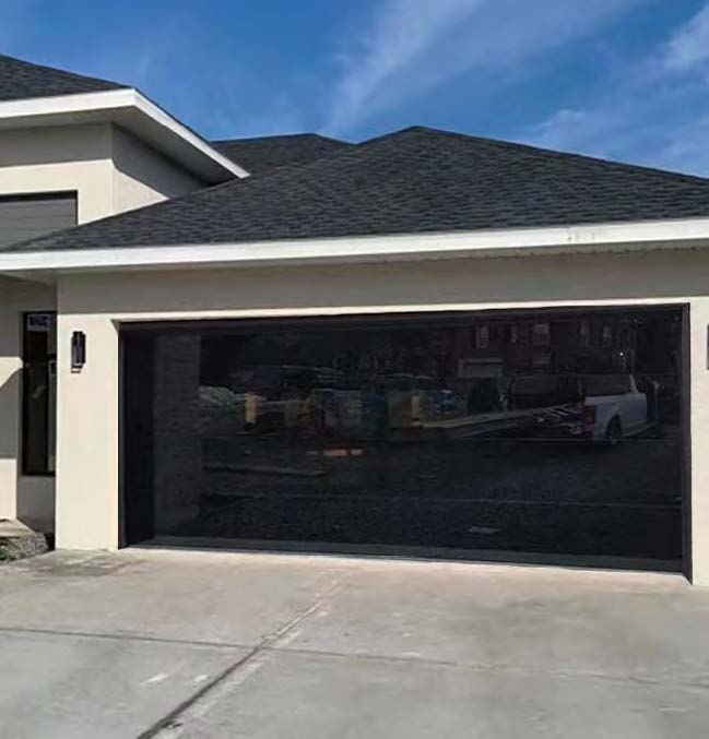 Rothnow full mirror glass garage door in black, customized size, featuring sleek reflective surface for modern garage design.
