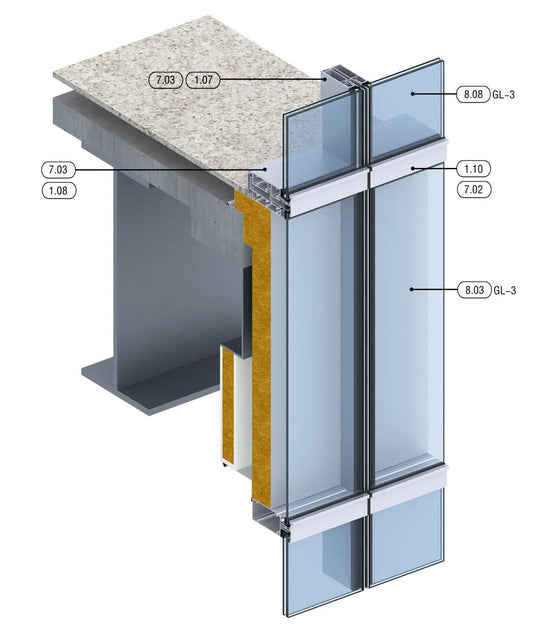 Rothnow® glass curtain wall with exposed black aluminum frame, showcasing sleek, modern exterior building facade.