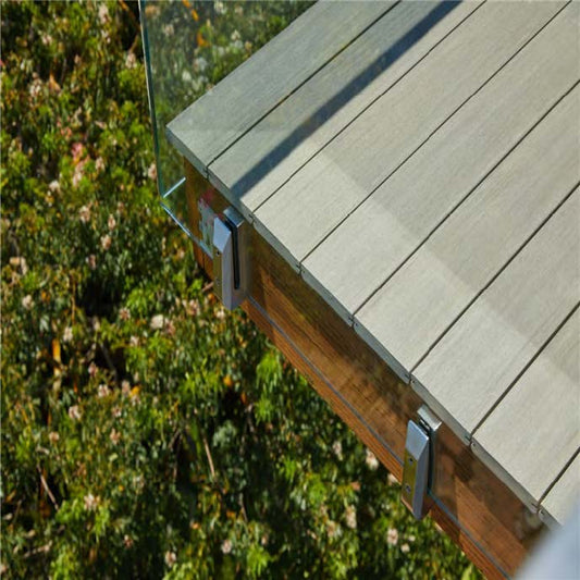 Black Rothnow® Glass Railing RNGR03 with spigot fittings, showcasing sleek, customized glass panels for modern safety and style.