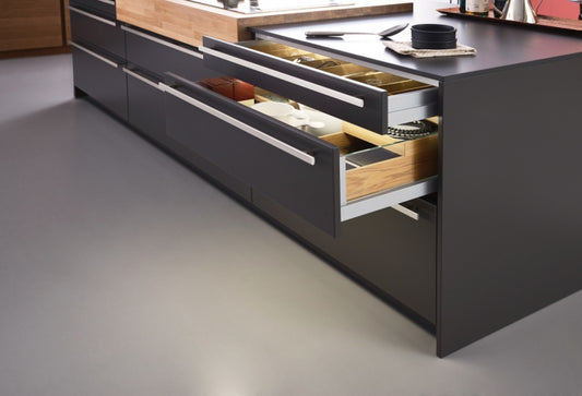 Black Rothnow® lacquer finish kitchen cabinets with sleek, modern design and customizable size, shown with smooth cabinet doors.