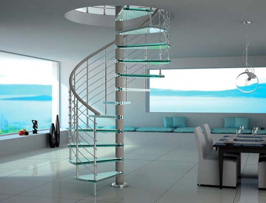 Rothnow Spiral Staircase RNSS01 with glass steps and black finish, modern interior staircase design with sleek metal railing.