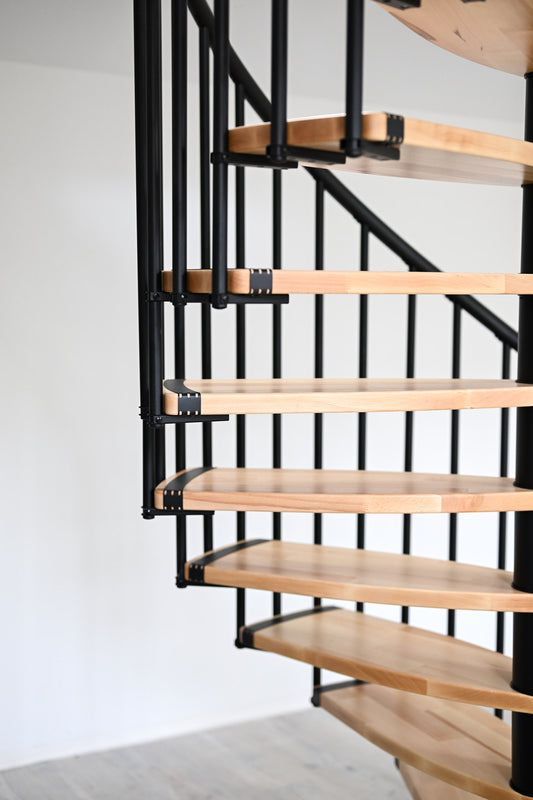 Black Rothnow spiral staircase RNSS04 wood model with customized size, showcasing sleek design and sturdy construction.