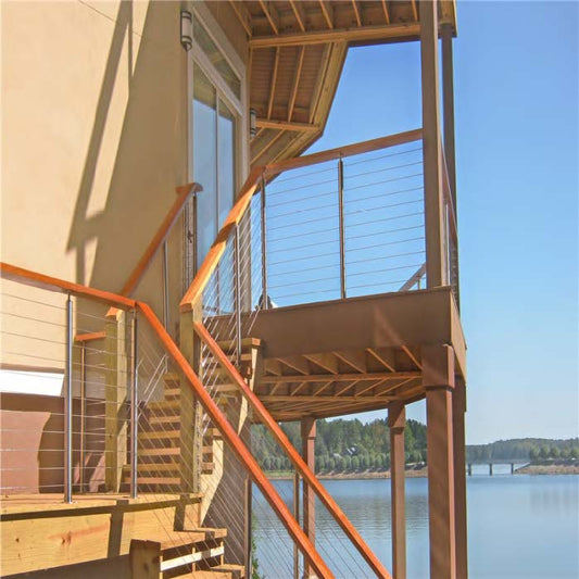 Black Rothnow wire cable railing for balcony, custom-sized safety guard with sleek design and horizontal cable lines.