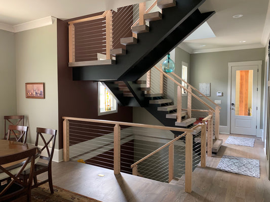 Rothnow wire cable staircase railing in black, custom size, with sleek cable design and modern metal posts for safety and style