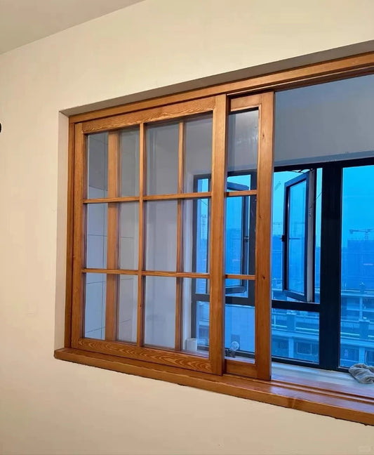 Rothnow® wooden sliding window with black frame, customized size, featuring clear glass and modern design.