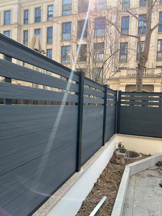 Black Rothnow WPC fence RNWF07, customizable size, showing durable composite wood privacy fencing with clean design.