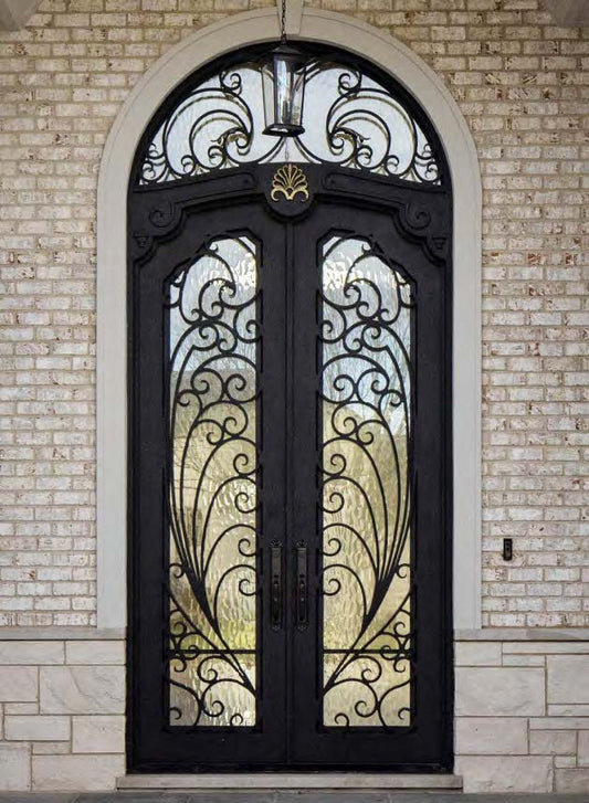 Black Rothnow wrought iron front entrance door with intricate design, custom size, and durable construction.