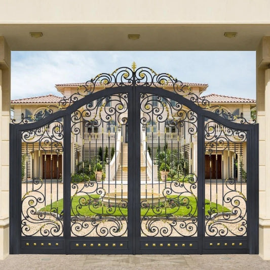 Customized black Rothnow wrought iron garden gate with decorative scrollwork and sturdy design.
