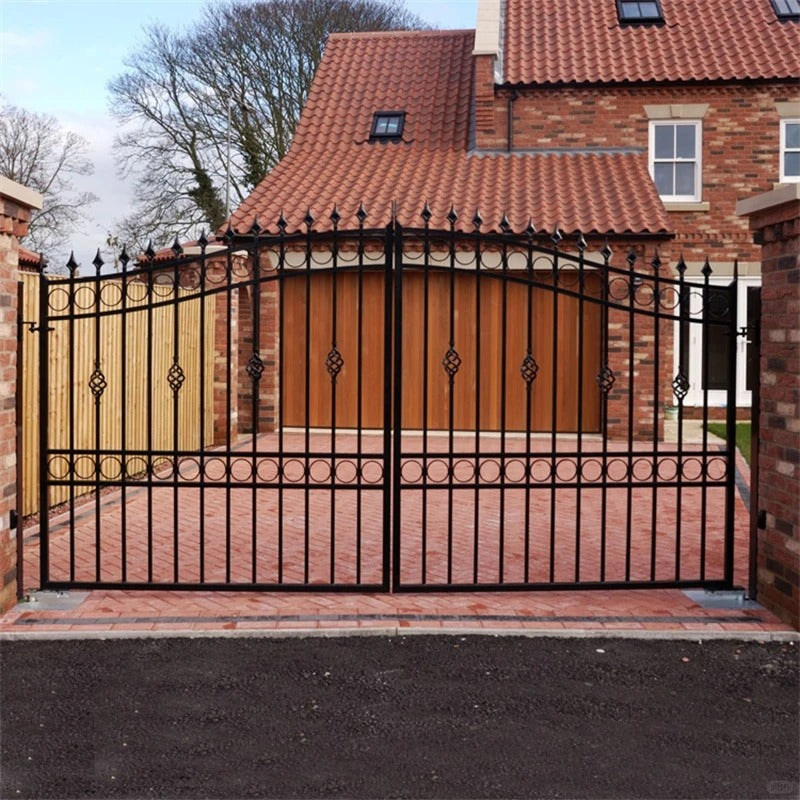 Black Rothnow wrought iron garden gate with decorative ironwork, custom-sized for outdoor yard or garden entrance.