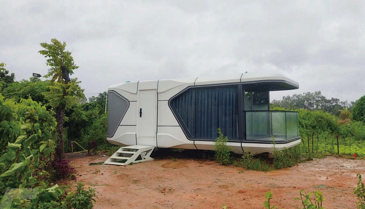 Black Rothnow Space Capsule House RNSH02-V5 with steel structure, shown in detailed exterior view.
