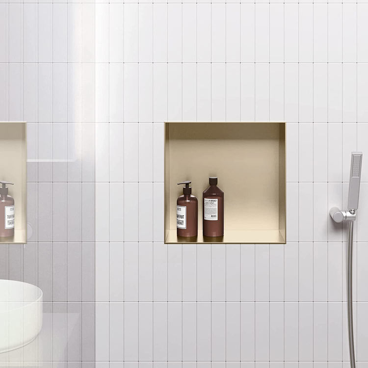Golden Rothnow® square shower niche with mirrored interior for stylish bathroom storage and organization.
