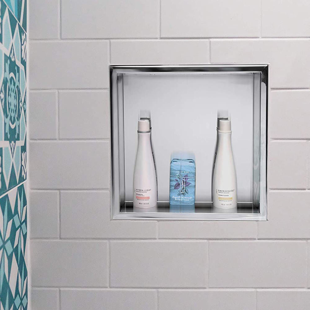 Rothnow® mirrored square shower niche wall shelf with reflective surface and sleek design for bathroom storage.