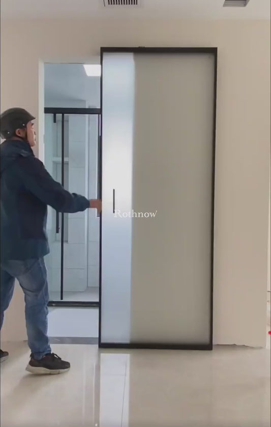 Porte en aluminium Rothnow® - Série 16x45 à cadre mince Porte fantôme - Verre à sable huilé blanc