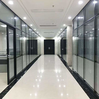 Rothnow® 100 Series glass office partition with shutter, white, 1000mm wide by 1000mm high, modern office space divider.