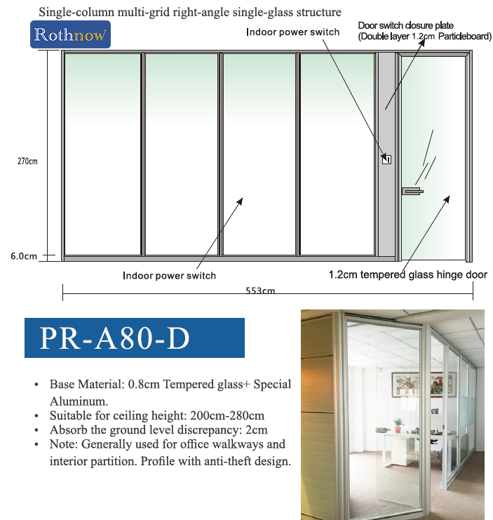 Rothnow 30 series glass office partition in white, 1000mm wide by 1000mm high, PR-A80-D model with clear glass panel.