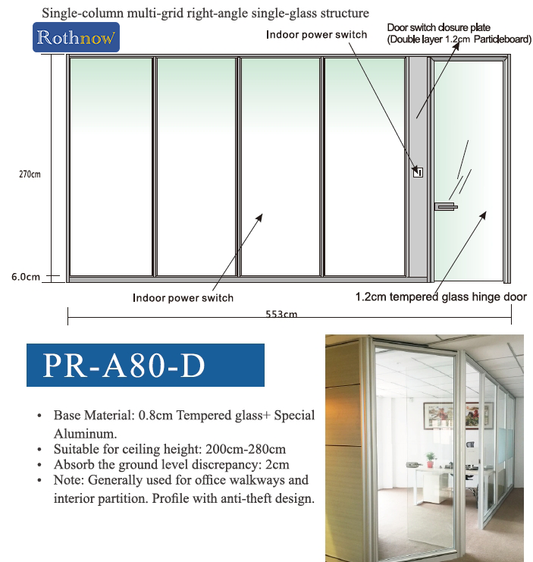 Rothnow 30 series glass office partition in white, 1000mm wide by 1000mm high, PR-A80-D model with clear glass panel.