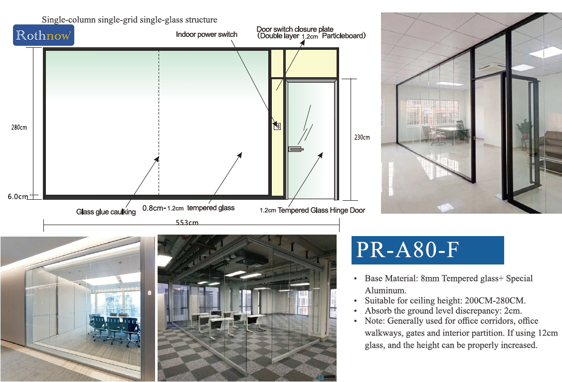 Rothnow 30 Series glass office partition, 1000mm wide and high, white color, provides a stylish separation for office spaces.