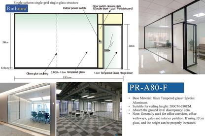 Rothnow 30 Series glass privacy partition PR-A80-F, 1000mm wide by 1000mm high, white glass divider for office spaces