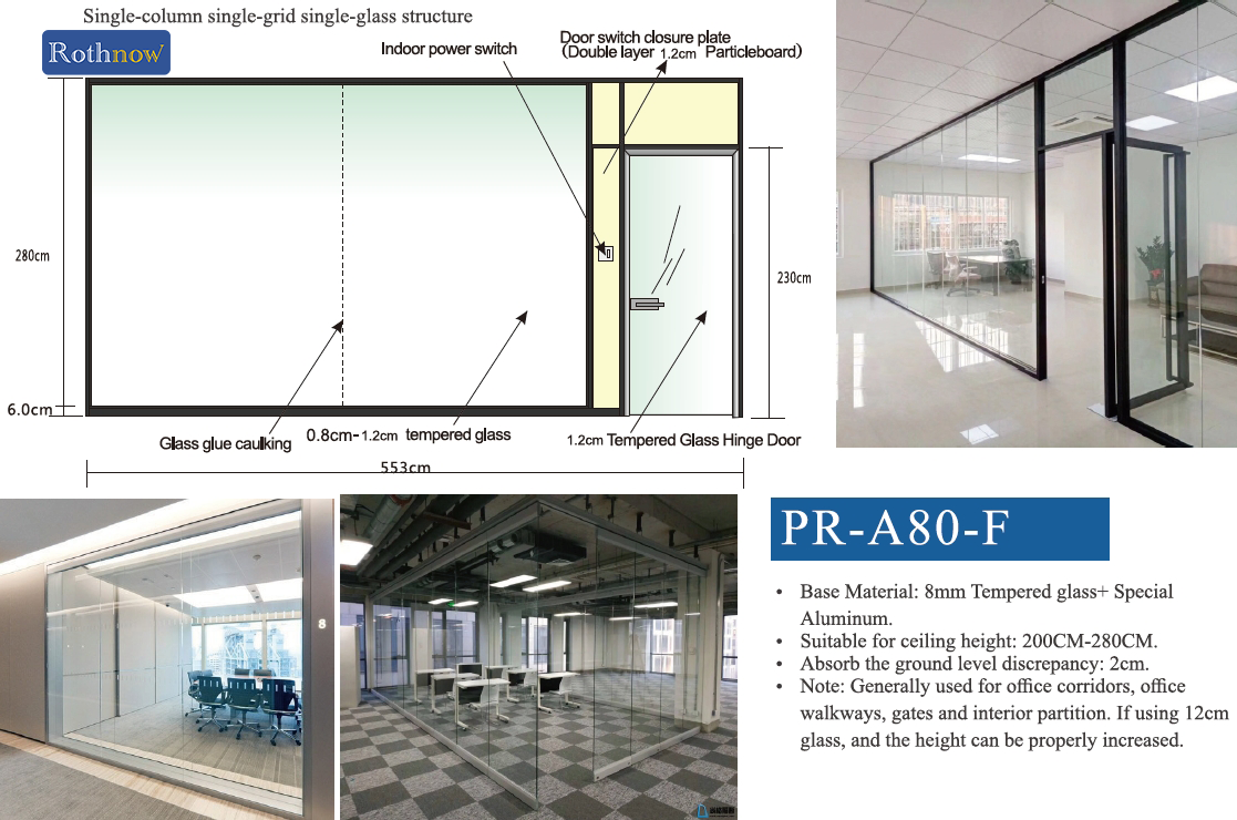 Rothnow 30 Series glass office partition, transparent with white frame, 1000mm wide and 1000mm high, ideal for office space separation.