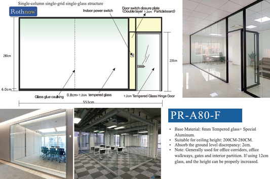 Rothnow 30 Series glass office partition, transparent with white frame, 1000mm wide and 1000mm high, ideal for office space separation.
