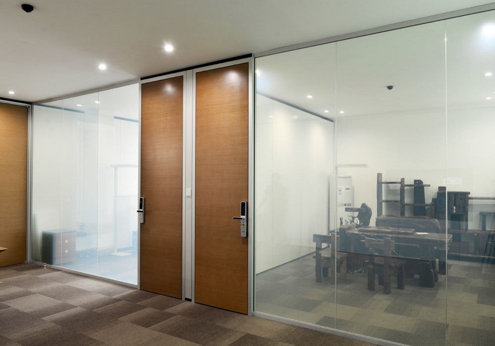 Rothnow® 30 Series glass office partition, transparent, 1000mm wide by 1000mm high, with white frame for modern workspace division.