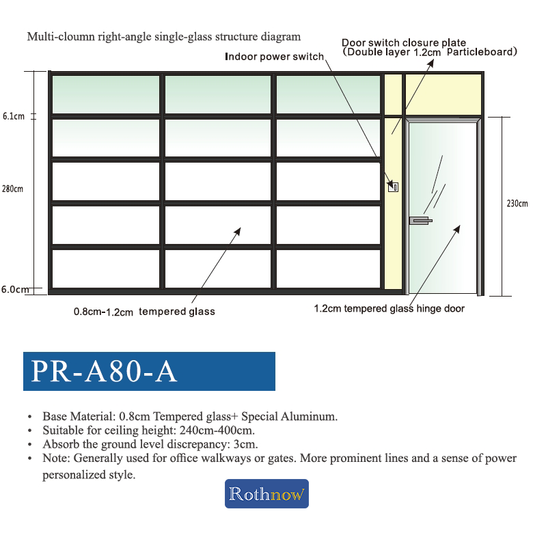 Rothnow® 83 series glass privacy partition, 1000mm wide by 1000mm high, white, for office or room separation.