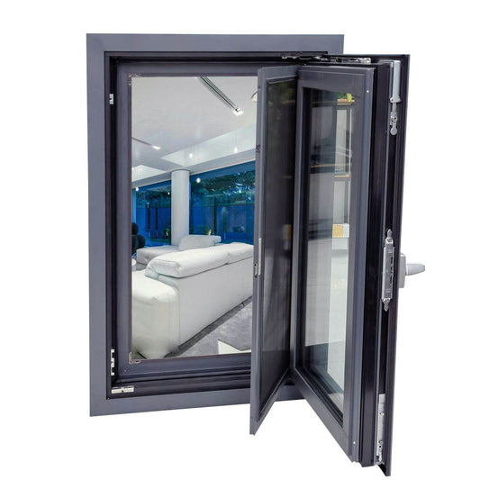 Rothnow aluminum 108 series casement window with black frame and integrated bug screen, 1000mm x 1000mm size.